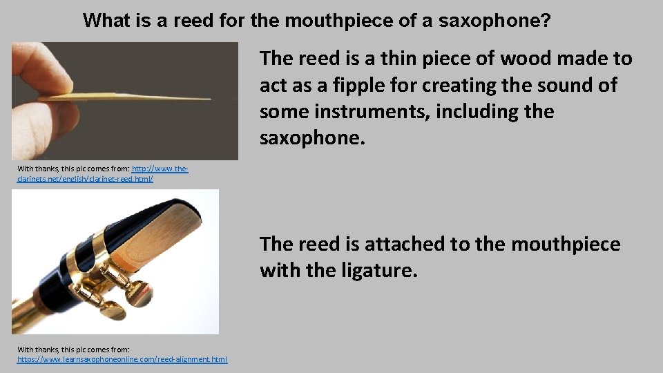 What is a reed for the mouthpiece of a saxophone? The reed is a