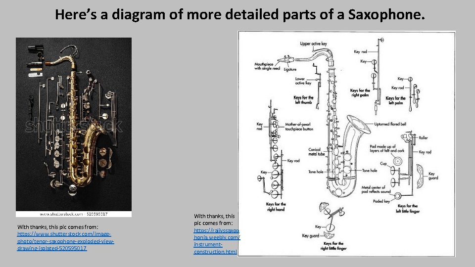 Here’s a diagram of more detailed parts of a Saxophone. With thanks, this pic