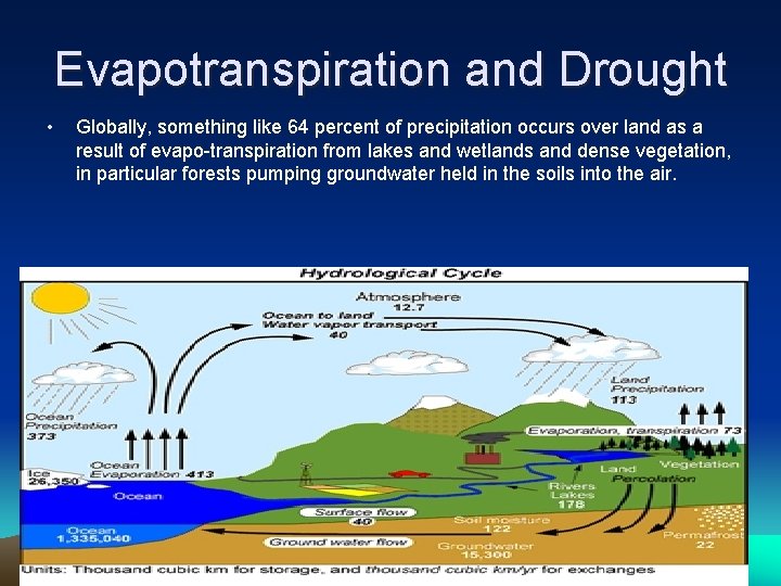 Evapotranspiration and Drought • Globally, something like 64 percent of precipitation occurs over land