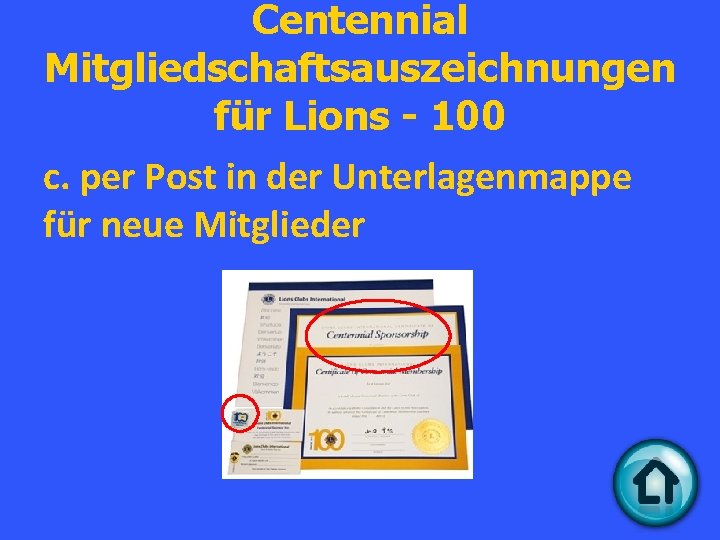 Centennial Mitgliedschaftsauszeichnungen für Lions - 100 c. per Post in der Unterlagenmappe für neue