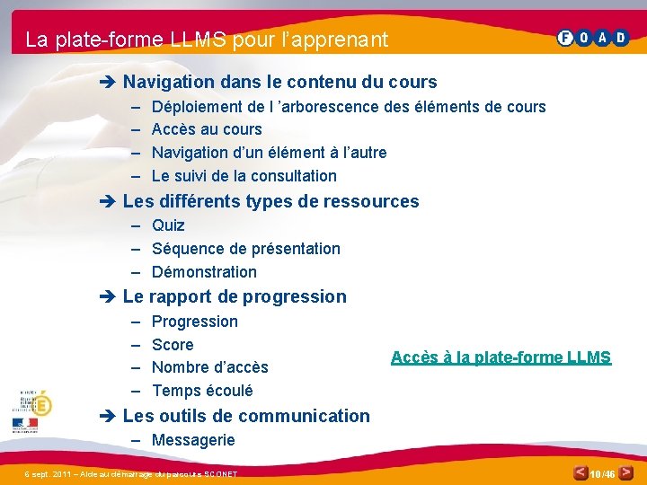 La plate-forme LLMS pour l’apprenant è Navigation dans le contenu du cours – –