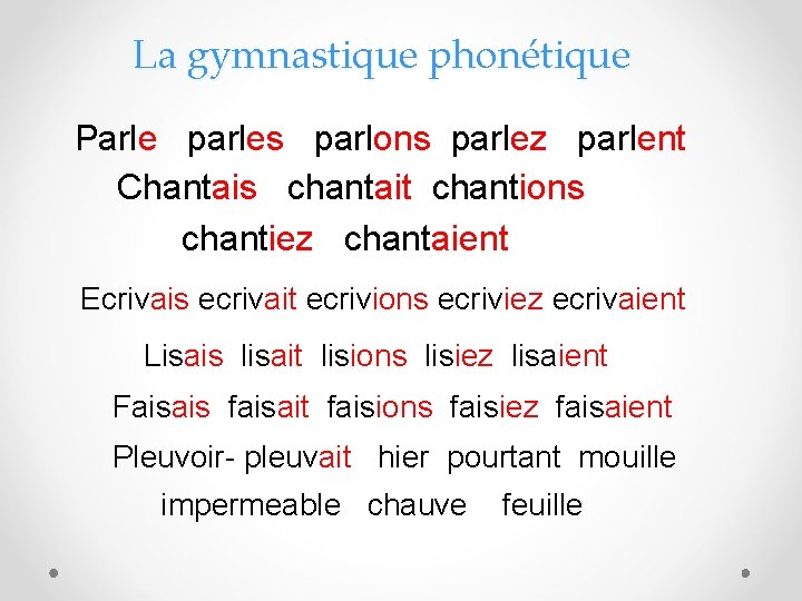 La gymnastique phonétique Parle parles parlons parlez parlent Chantais chantait chantions chantiez chantaient Ecrivais