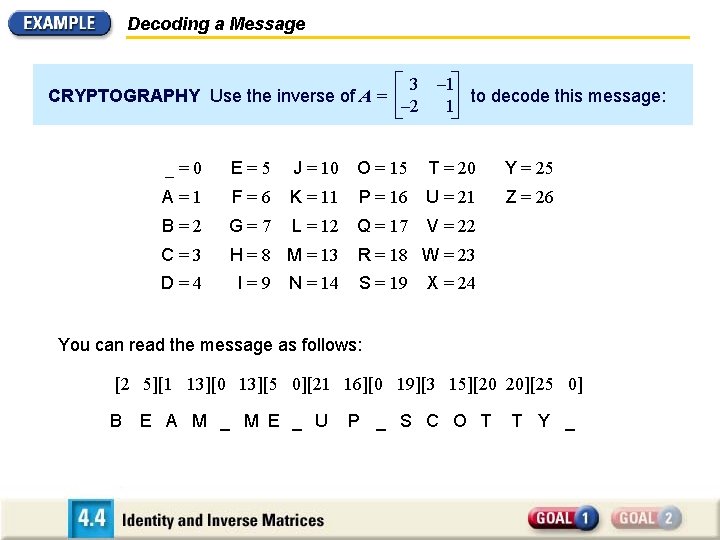 Decoding a Message CRYPTOGRAPHY Use the inverse of A = 3 – 2 –