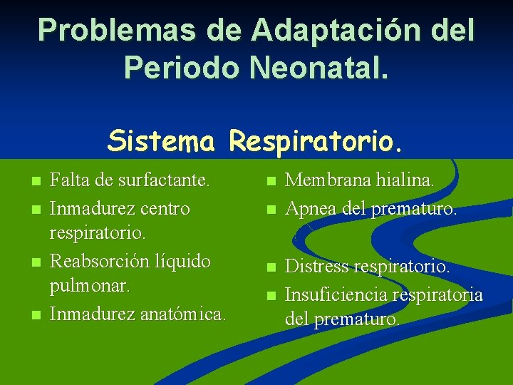 Problemas de Adaptación del Periodo Neonatal. Sistema Respiratorio. n n Falta de surfactante. Inmadurez