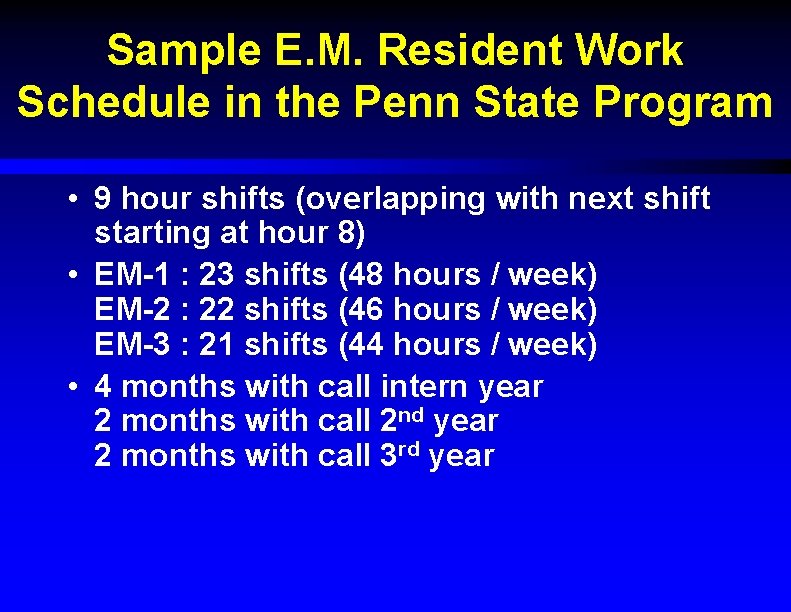 Sample E. M. Resident Work Schedule in the Penn State Program • 9 hour