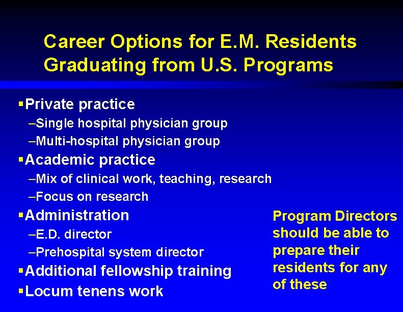 Career Options for E. M. Residents Graduating from U. S. Programs §Private practice –Single