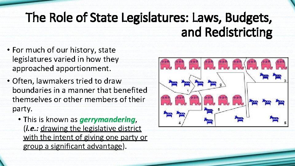 The Role of State Legislatures: Laws, Budgets, and Redistricting • For much of our