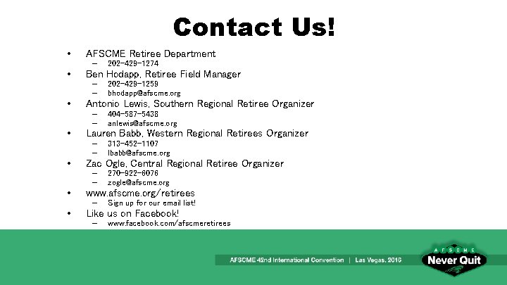 Contact Us! • AFSCME Retiree Department • Ben Hodapp, Retiree Field Manager • Antonio
