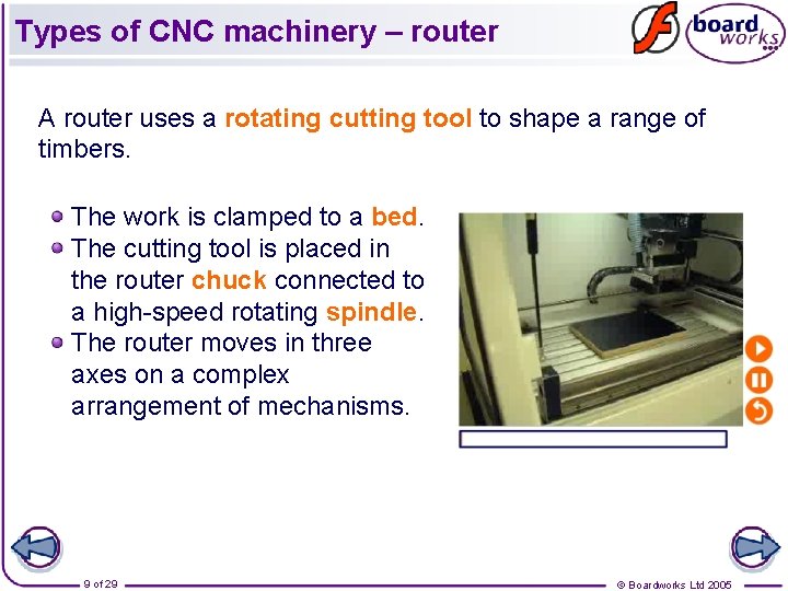 Types of CNC machinery – router A router uses a rotating cutting tool to