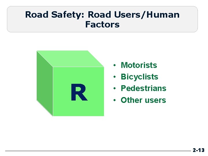 Road Safety: Road Users/Human Factors R • • Motorists Bicyclists Pedestrians Other users 2 Road Safety: Road Users/Human Factors R • • Motorists Bicyclists Pedestrians Other users 2
