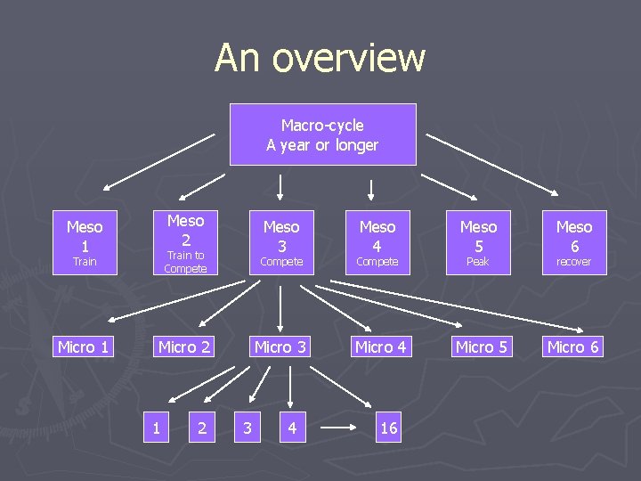 An overview Macro-cycle A year or longer Meso 2 Meso 1 Meso 3 Train