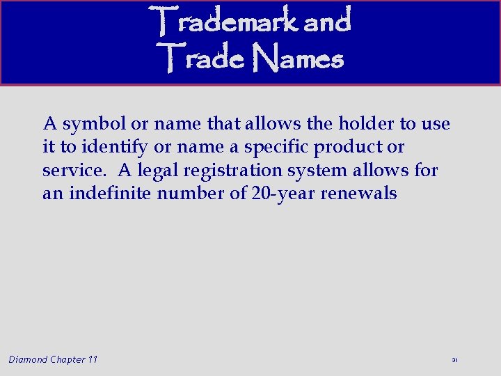 Trademark and Trade Names A symbol or name that allows the holder to use