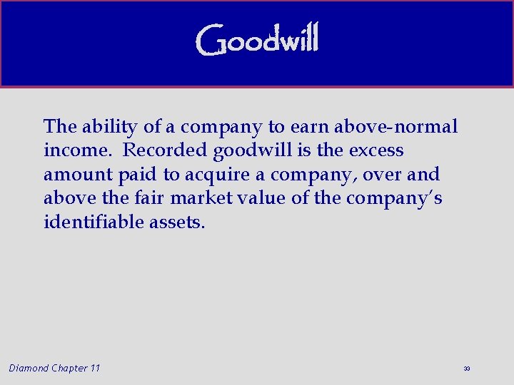 Goodwill The ability of a company to earn above-normal income. Recorded goodwill is the