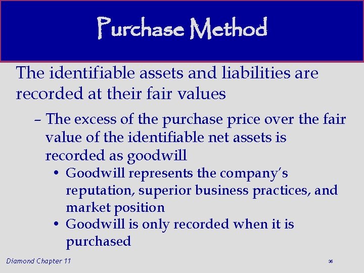 Purchase Method The identifiable assets and liabilities are recorded at their fair values –