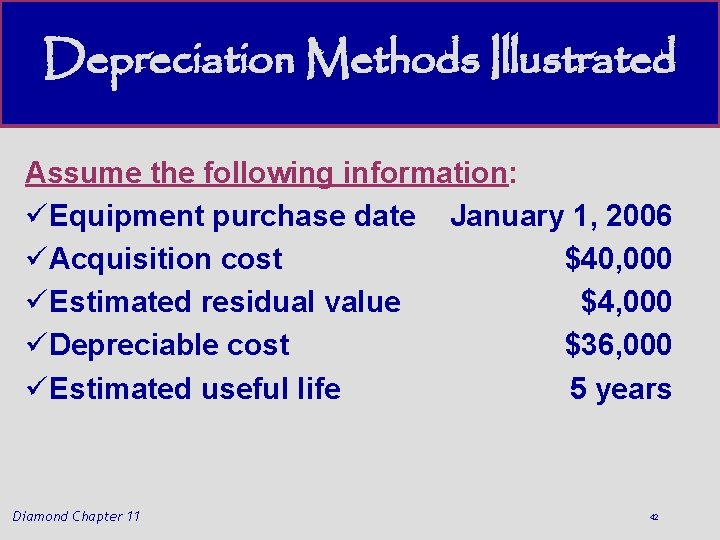 Depreciation Methods Illustrated Assume the following information: üEquipment purchase date January 1, 2006 üAcquisition