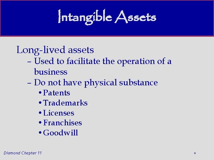 Intangible Assets Long-lived assets – Used to facilitate the operation of a business –