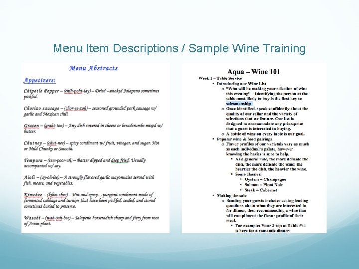 Menu Item Descriptions / Sample Wine Training 