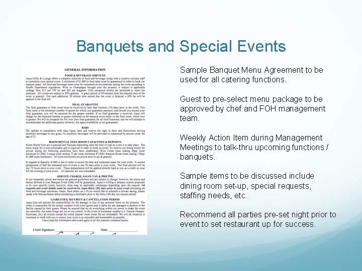 Banquets and Special Events Sample Banquet Menu Agreement to be used for all catering