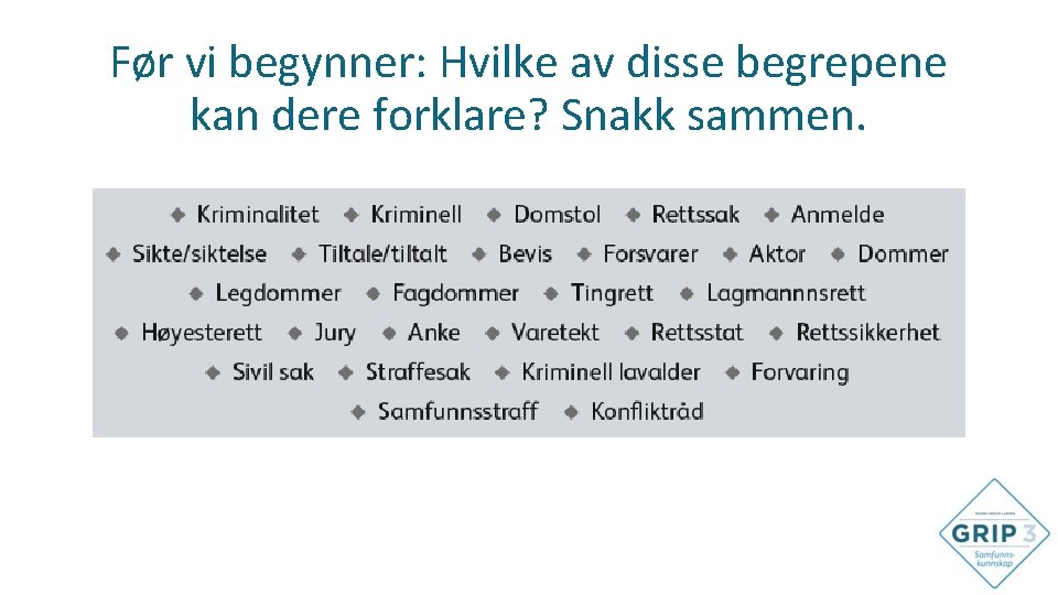 Før vi begynner: Hvilke av disse begrepene kan dere forklare? Snakk sammen. 