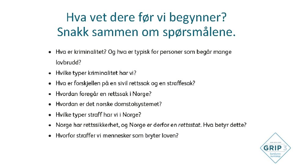 Hva vet dere før vi begynner? Snakk sammen om spørsmålene. 