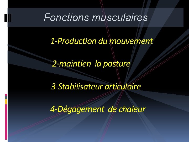 Fonctions musculaires 1 -Production du mouvement 2 -maintien la posture 3 -Stabilisateur articulaire 4