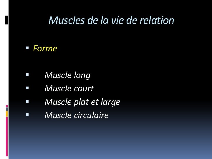 Muscles de la vie de relation Forme Muscle long Muscle court Muscle plat et