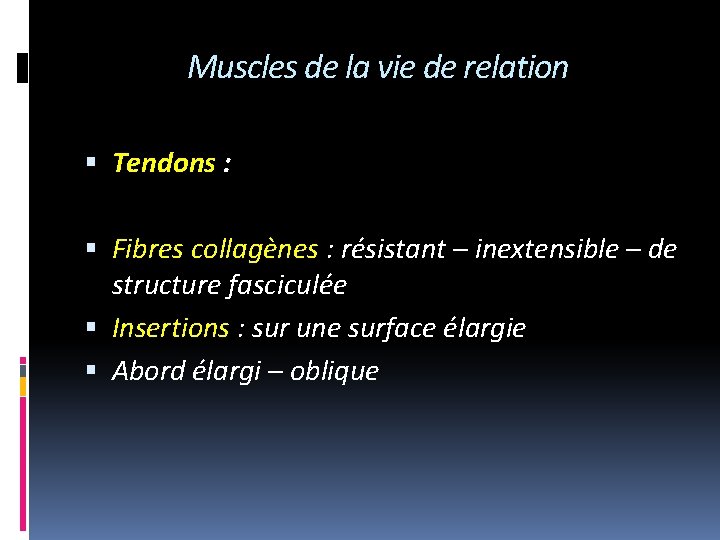 Muscles de la vie de relation Tendons : Fibres collagènes : résistant – inextensible