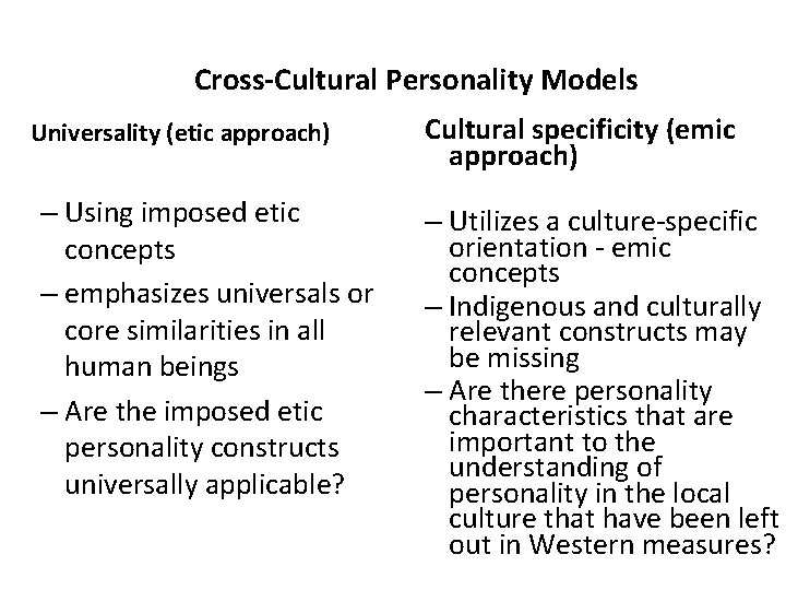 Cross-Cultural Personality Models Universality (etic approach) – Using imposed etic concepts – emphasizes universals