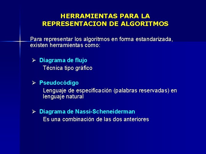 HERRAMIENTAS PARA LA REPRESENTACION DE ALGORITMOS Para representar los algoritmos en forma estandarizada, existen