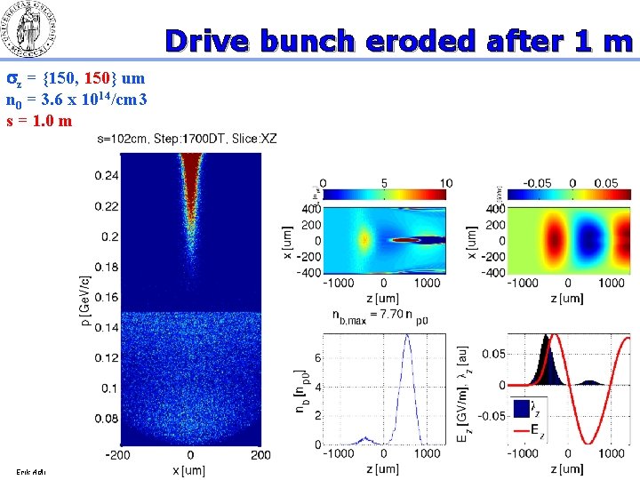 Drive bunch eroded after 1 m sz = {150, 150} um n 0 =