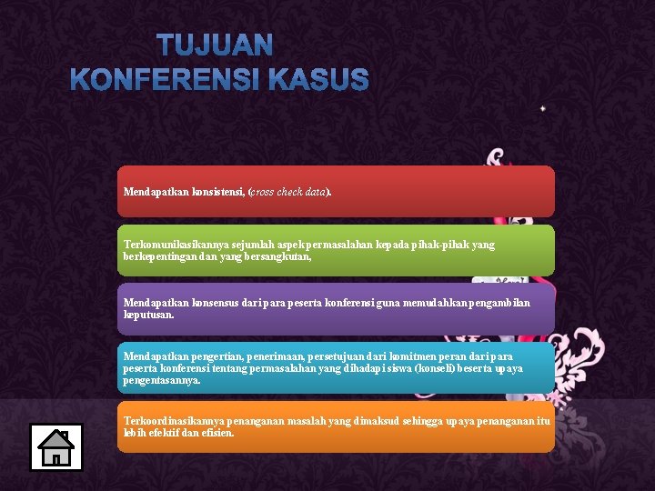 Mendapatkan konsistensi, (cross check data). Terkomunikasikannya sejumlah aspek permasalahan kepada pihak-pihak yang berkepentingan dan