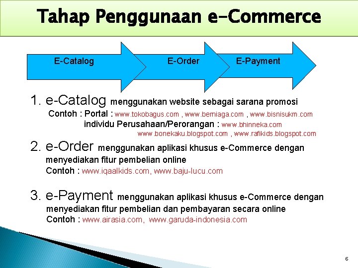 Tahap Penggunaan e-Commerce E-Catalog E-Order E-Payment 1. e-Catalog menggunakan website sebagai sarana promosi Contoh