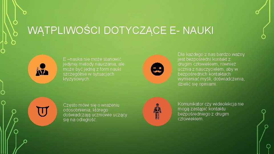 WĄTPLIWOŚCI DOTYCZĄCE E- NAUKI E –nauka nie może stanowić jedynej metody nauczania, ale może