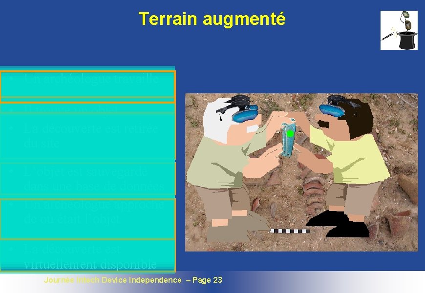 Terrain augmenté • Un archéologue travaille • Il trouve un objet • La découverte