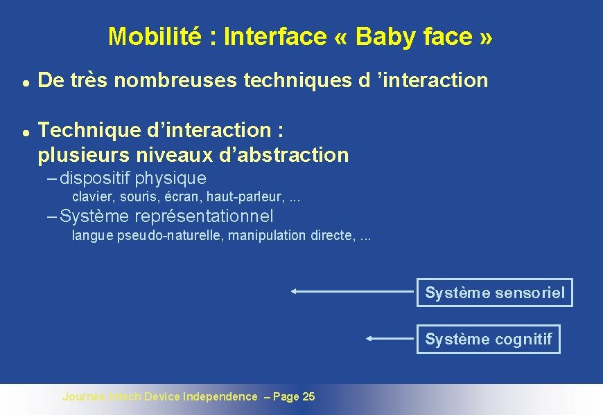 Mobilité : Interface « Baby face » l l De très nombreuses techniques d