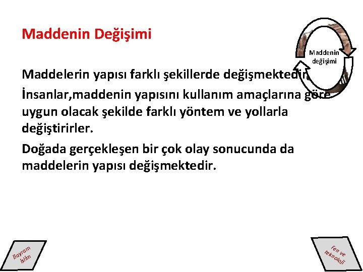 Maddenin Değişimi Maddenin değişimi Maddelerin yapısı farklı şekillerde değişmektedir. İnsanlar, maddenin yapısını kullanım amaçlarına