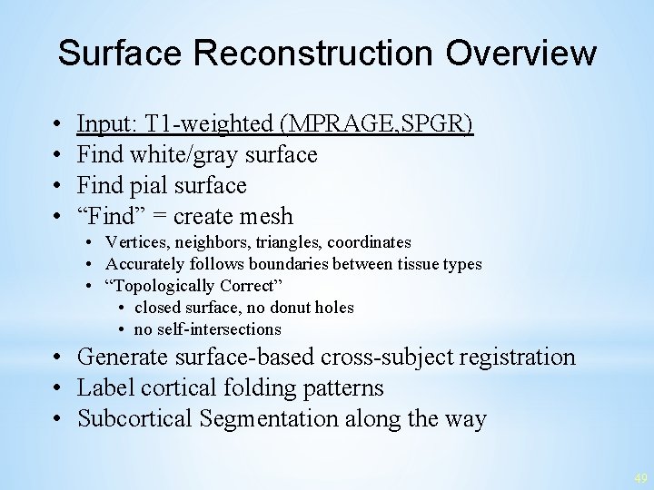 Surface Reconstruction Overview • • Input: T 1 -weighted (MPRAGE, SPGR) Find white/gray surface