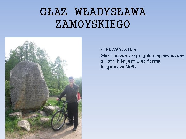 GŁAZ WŁADYSŁAWA ZAMOYSKIEGO CIEKAWOSTKA: Głaz ten został specjalnie sprowadzony z Tatr. Nie jest więc