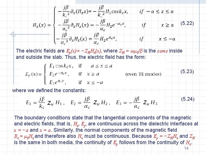 (5. 22) The electric fields are Ey(x)= −ZHHx(x), where ZH = ωμ 0/β is