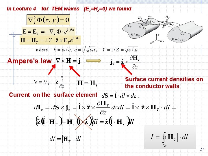 In Lecture 4 for TEM waves (Ez=Hz=0) we found Ampere's law Surface current densities