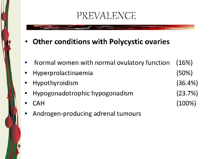 PREVALENCE • Other conditions with Polycystic ovaries • • • Normal women with normal