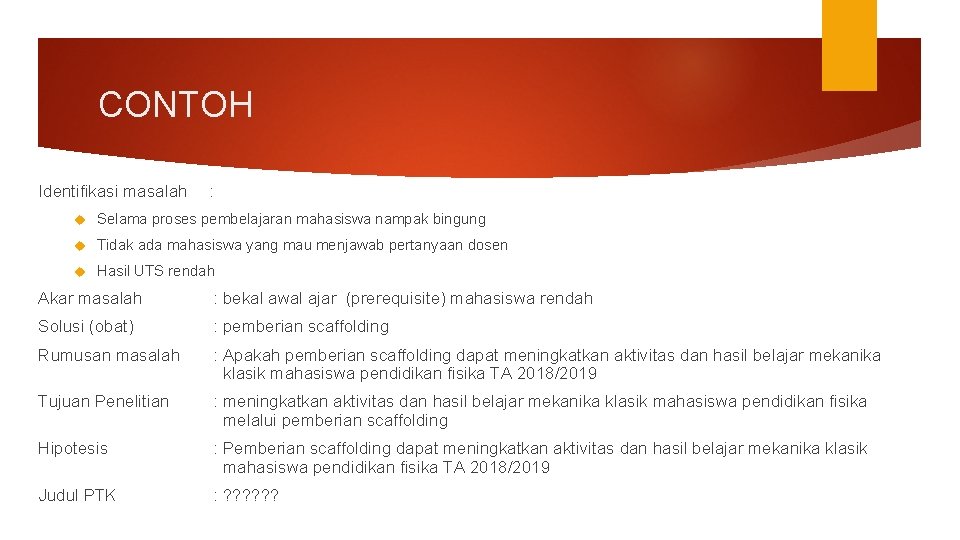 CONTOH Identifikasi masalah : Selama proses pembelajaran mahasiswa nampak bingung Tidak ada mahasiswa yang