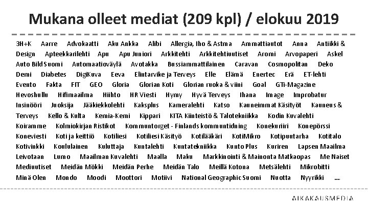 Mukana olleet mediat (209 kpl) / elokuu 2019 3 H+K Aarre Advokaatti Aku Ankka