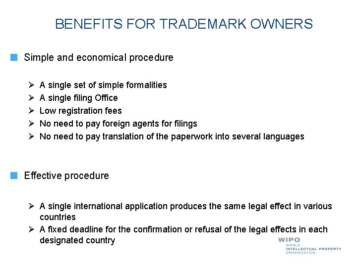 BENEFITS FOR TRADEMARK OWNERS Simple and economical procedure A single set of simple formalities