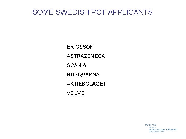 SOME SWEDISH PCT APPLICANTS ERICSSON ASTRAZENECA SCANIA HUSQVARNA AKTIEBOLAGET VOLVO 