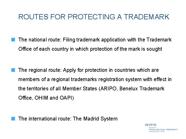ROUTES FOR PROTECTING A TRADEMARK The national route: Filing trademark application with the Trademark