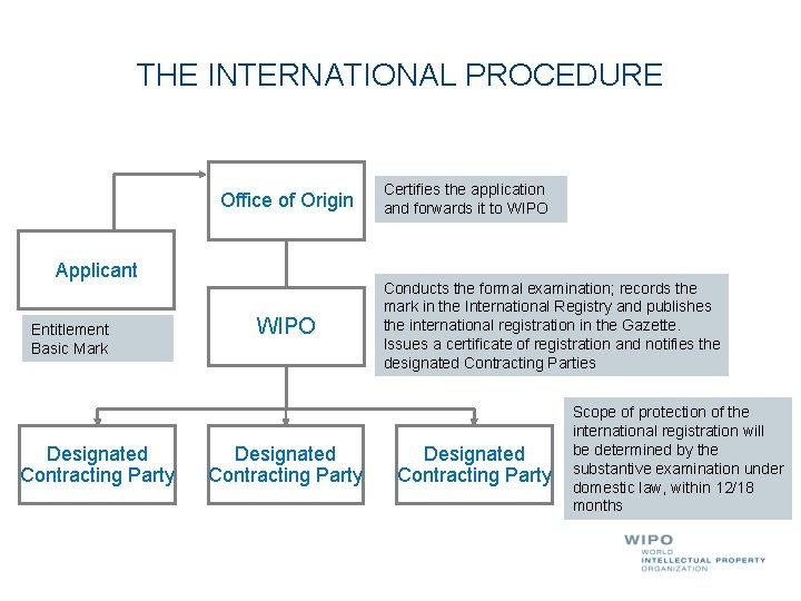 THE INTERNATIONAL PROCEDURE Office of Origin Applicant Entitlement Basic Mark Designated Contracting Party WIPO