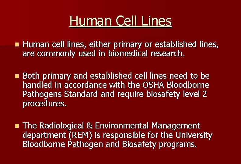Human Cell Lines n Human cell lines, either primary or established lines, are commonly