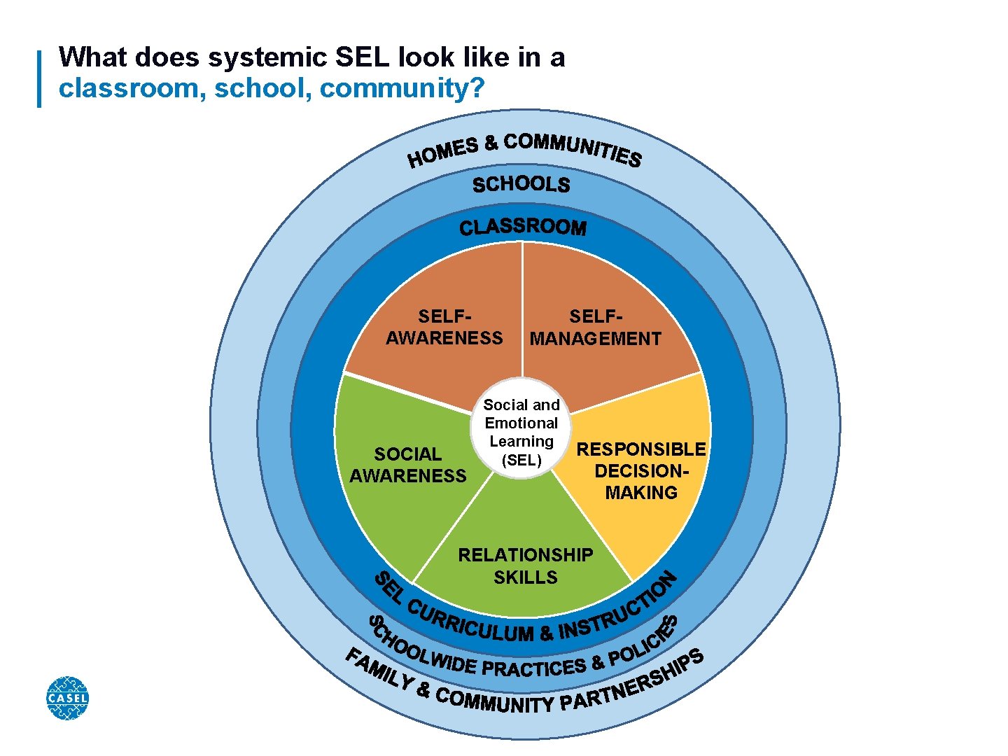 What does systemic SEL look like in a classroom, school, community? SELFAWARENESS SELFMANAGEMENT Social