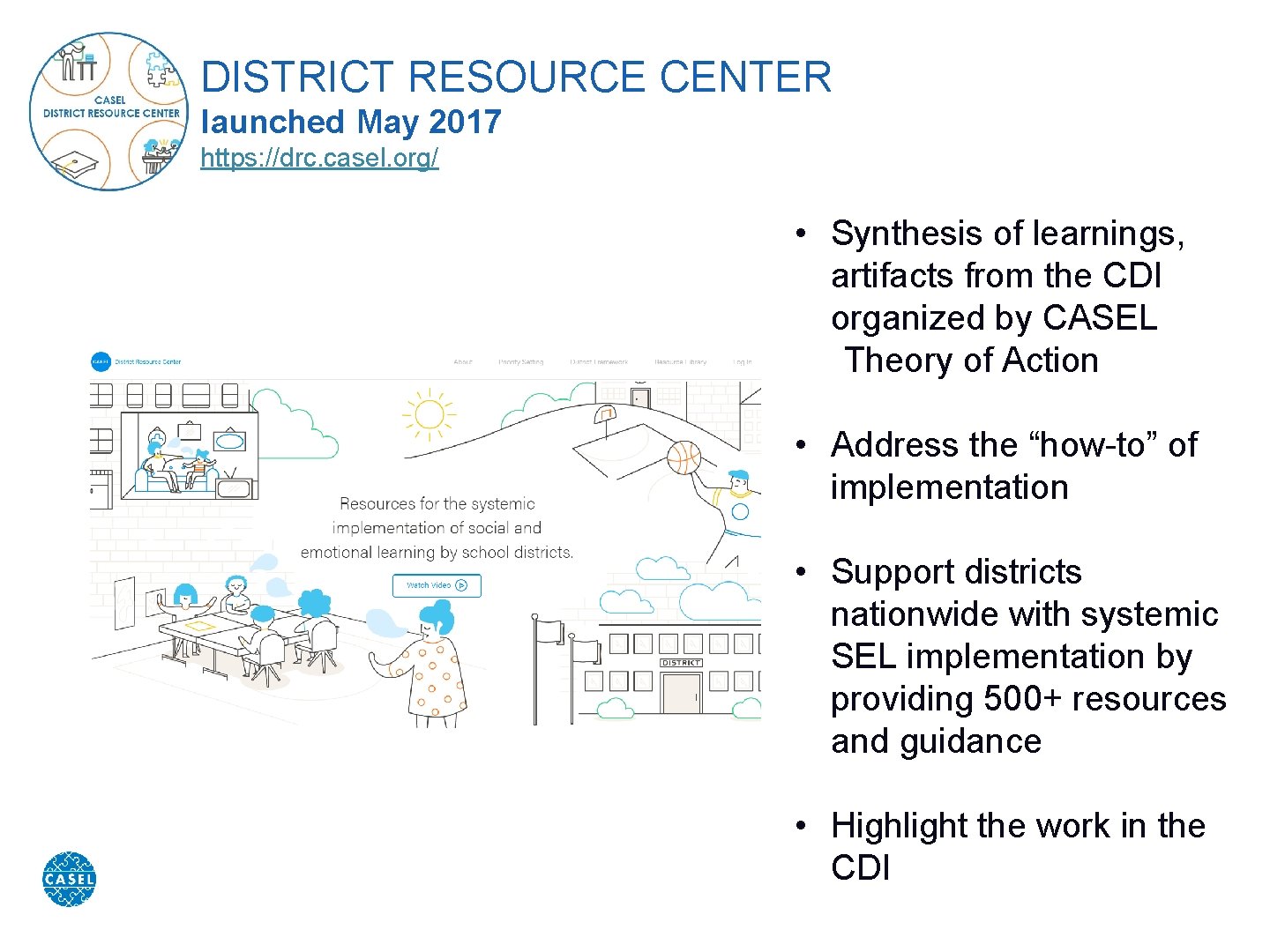 DISTRICT RESOURCE CENTER launched May 2017 https: //drc. casel. org/ • Synthesis of learnings,